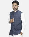 Men Checked Mandarin-Collar Sleeveless Nehru Jacket - Blue