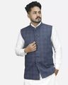 Men Checked Mandarin-Collar Sleeveless Nehru Jacket - Blue