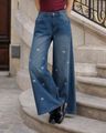 Shein Fly With Button Closure Bow Embroidered Mid Wash Jeans