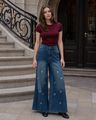Shein Fly With Button Closure Bow Embroidered Mid Wash Jeans