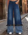 Shein Women Adjustable Buckle Belt Detail Mid Wash Jeans