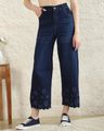 Shein Women Floral Embroidered Scalloped Trim Mid Wash Jeans - Blue