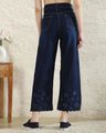 Shein Women Floral Embroidered Scalloped Trim Mid Wash Jeans - Blue