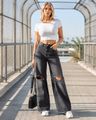 Shein Women Full Length Mid Wash Knee Slit Jeans - Dark Grey