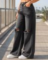 Shein Women Full Length Mid Wash Knee Slit Jeans - Dark Grey