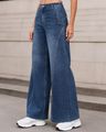 Shein Women Full Length Raw Hem Panelled Mid Wash Jeans