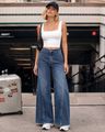 Shein Women Full Length Raw Hem Panelled Mid Wash Jeans