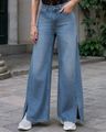 Shein Women Full Length Slit Hem Mid Wash Jeans