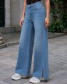 Shein Women Full Length Slit Hem Mid Wash Jeans
