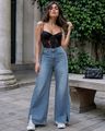 Shein Women Full Length Slit Hem Mid Wash Jeans