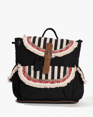 Women Striped Backpack with Buckle Closure