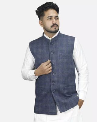 Men Checked Mandarin-Collar Sleeveless Nehru Jacket - Blue