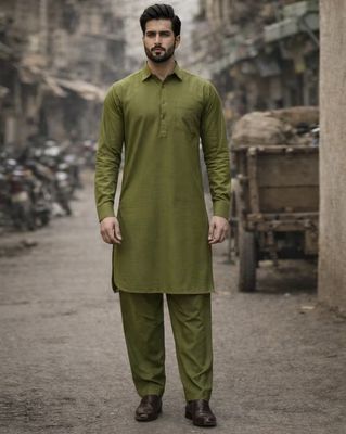 Cotton Pathani Kurta & Salwar Set - Green