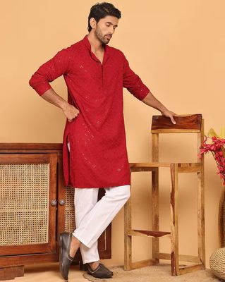 Men Embroidered Chikankari and Sequence Kurta with Pyjama - Red