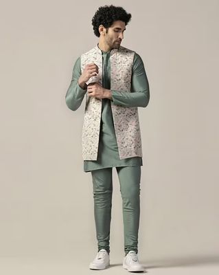 Men Printed Jacket Kurta Churidar Set