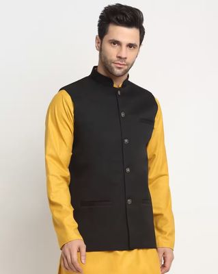 Men Mandarin Collar Nehru jacket with Insert Pockets - Black