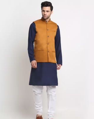 Men Mandarin Collar Nehru jacket with Insert Pockets - Mustard