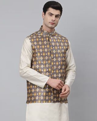 Geometric Print Sleeveless Nehru jacket