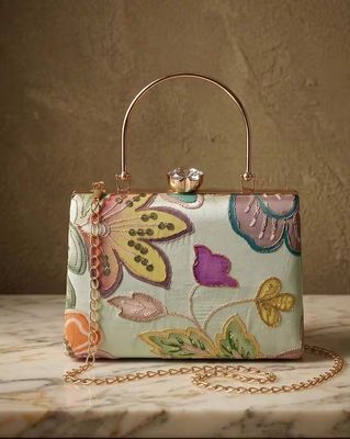 Women Floral Embroidered Box Clutch with Detachable Chain