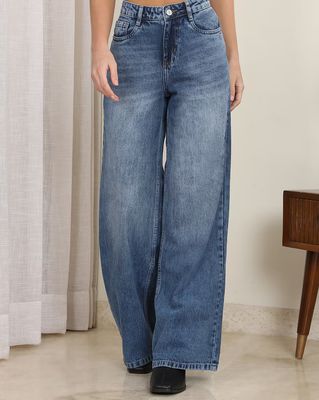 Shein High Rise Fly With Button Closure Mid Wash Jeans