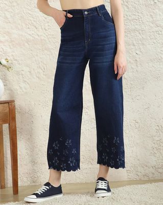 Shein Women Floral Embroidered Scalloped Trim Mid Wash Jeans - Blue