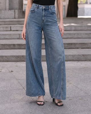 Shein Women Full Length Panelled Mid Wash Jeans - Mid Blue