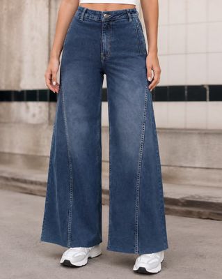 Shein Women Full Length Raw Hem Panelled Mid Wash Jeans