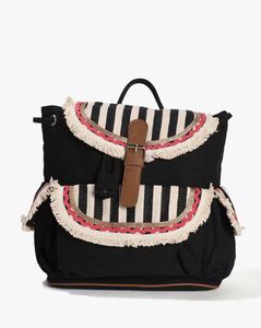 Women Striped Backpack with Buckle Closure