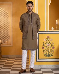 Embroidered Regular Fit Kurta with Pyjamas & Jacket Set