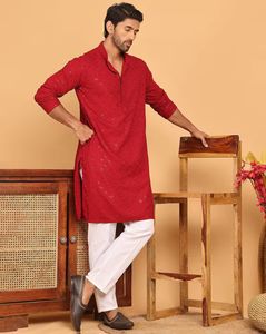 Men Embroidered Chikankari and Sequence Kurta with Pyjama - Red