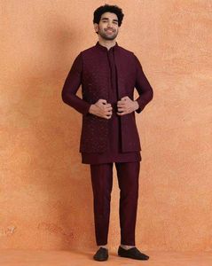 Men Embellished Kurta Front Jacket Trouser Set