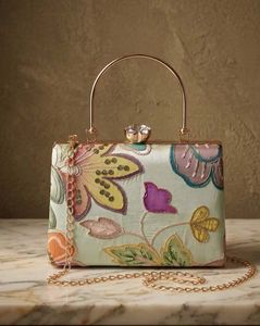 Women Floral Embroidered Box Clutch with Detachable Chain