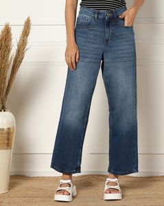 Shein Ankle Length Fly With Button Closure Mid Wash Jeans