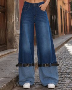 Shein Women Adjustable Buckle Belt Detail Mid Wash Jeans