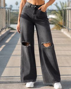 Shein Women Full Length Mid Wash Knee Slit Jeans - Dark Grey