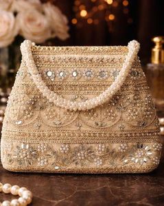 Women Embellished Potli Clutch Bag - Off White